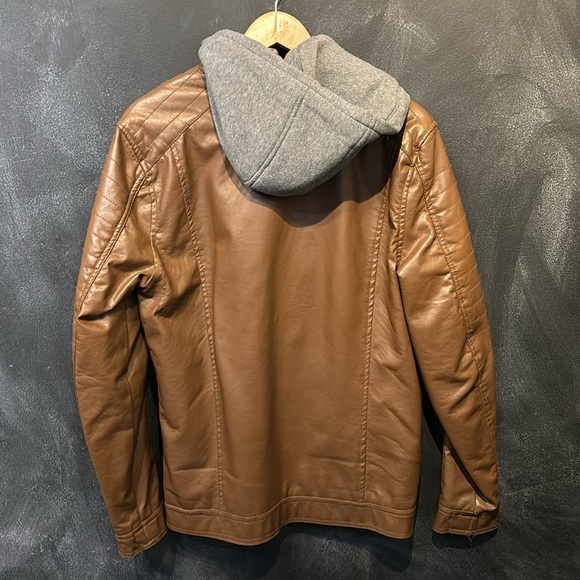 Bomber/cycle jacket. Size medium brown with gray sweatshirt like hoody layer. - Picture 3 of 3